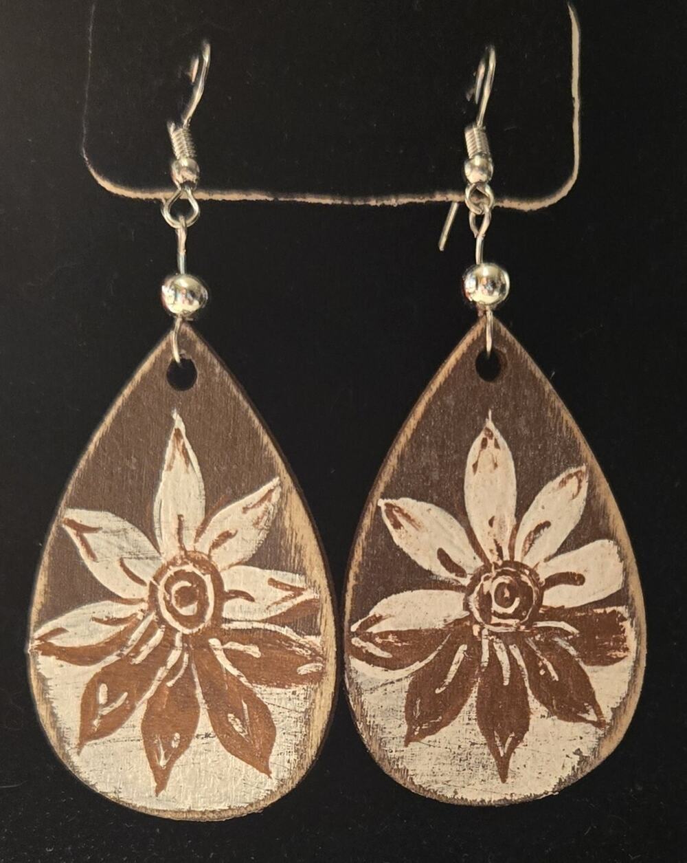 Boho Wooden Dangle Teardrop Earrings Artistic Floral Rustic Neutral Handpainted